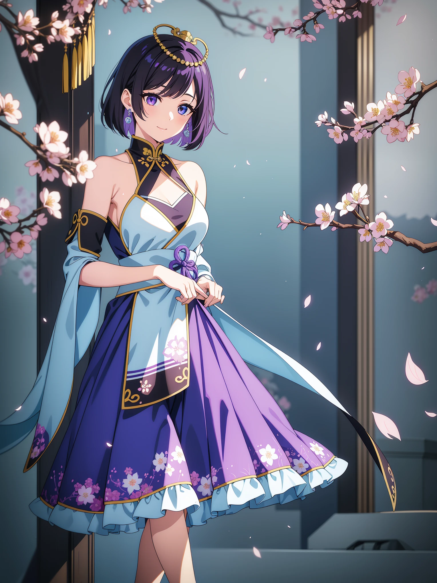 (high-quality, breathtaking),(expressive eyes, perfect face) 1female, girl , solo, ager, asian woman hairstyle, short hair length, soft wave, black hair color, Heterochromia left eye blue and right eye purple, white and black dress, shawl, blue and purple background, music, gentle smile, swirls in background, music notes background, beautiful background, symmetrical eyes, Qing Dynasty Costumes, hairpin, cherry blossom background, full body, portrait, symmetrical body, centred composition, intricate details
