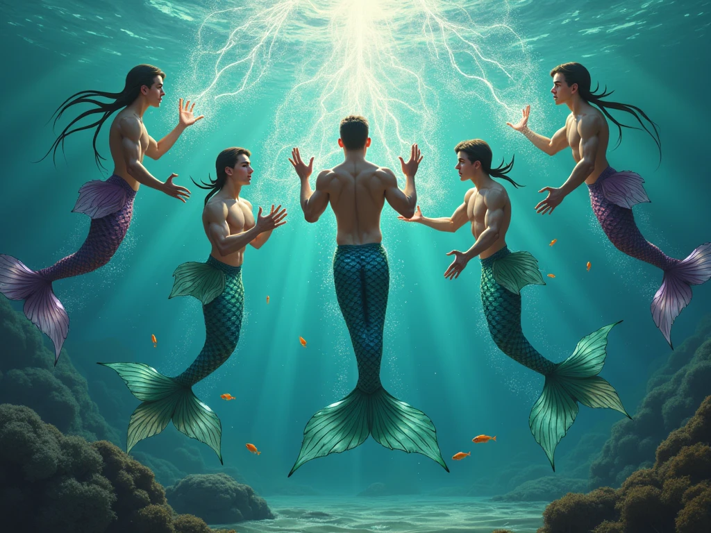 Another image should show Poseidon sitting on an underwater throne, made of corals and shells, with his trident in one hand and his other hand raised, commanding the oceans. Ao fundo, include details of the seabed, such as fish and aquatic plants.