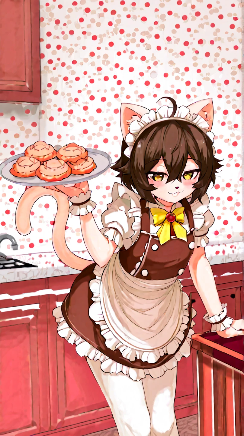 Solo, Female, (Anthro lynx, Brown fur, Long Brown hair, Pink eyes, Gold glasses, Maid shirt, Maid skirt), Detailed background, Kitchen background, Sitting down on countertop, Hands in front, Hands tied up with tape, Tape mouth gag, Legs tied up with tape