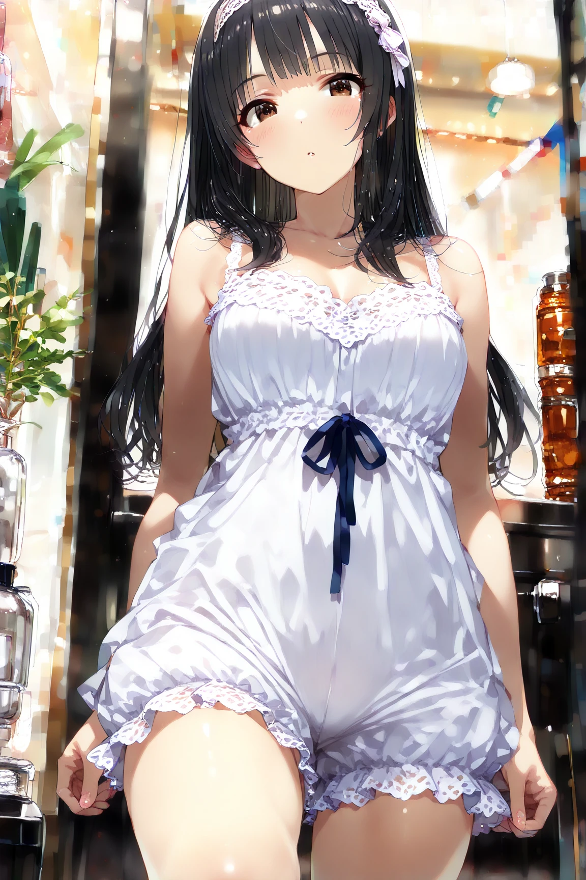 Sheer dress、No underwear、No bra、Flat Chest、 with a huge dildo, streegasm, spread leng, strahair with trimmed bangs,
