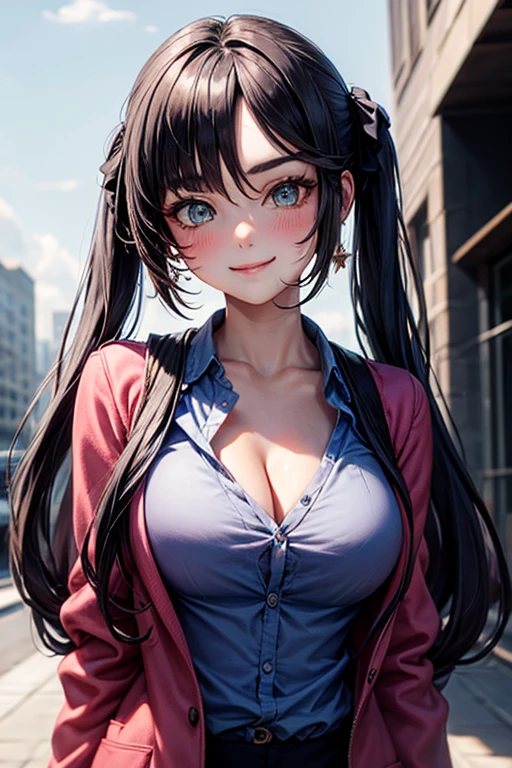A girl is posing for a photo, cute女の子, Enchanting girl,
(Blonde, Twin tails, blunt bangs, Red string ribbon), (Red eyes),
(Navy blue hoodie:1.2, White Shirt, Denim mini skirt, red headband)、(Black Pantyhose, Brown Loafers), Black choker、Red Gem Earrings、
(((highest quality)), ((masterpiece)), (Very detailed), (High resolution), (Beautiful detailed sparkle), (High detail), (Anatomically correct)), ((Realistic)), ((The best CG)), Ultra-detailed art, CG illustration, 16k, 1080P, Oil paints:1.2,
(((One Woman))),
(Symmetrical facial features, Perfect Face), Beautiful clavicle, (Beautiful fingers), (Beautiful breasts, (Ccup)),
Beautiful body, Beautiful thighs, Beautiful feet, Perfect round butt, (((Detailed skin, Oily skin, Textured skin, Beautiful Skin))),
(((Baby Face, cute, 16 years old))),
(Droopy eyes, Expression of fine eyes, Beautiful and delicate eyes, Sparkling eyes, Eye Reflexes),
(Beautiful Nose,Thin Nose),
(Glossy Lips, Beautiful Lips, thick lips),
(Beautiful Hair, Shiny Hair, Shiny Hair), Hair fluttering),
(smiley, laughing, blush),
BREAK
(evening、(The school road illuminated by the setting sun, A slope with a view of the cityscape)), ((Walking, Upward glance, Cowboy Shot))