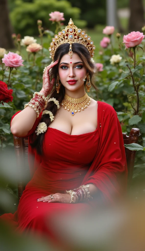 Perfect face, cute girl, brunette, big breasts, brown skin, red half saree, sitting on a marble chair, in the garden, colourful flowers, squirrels, rabbits, butterflies 