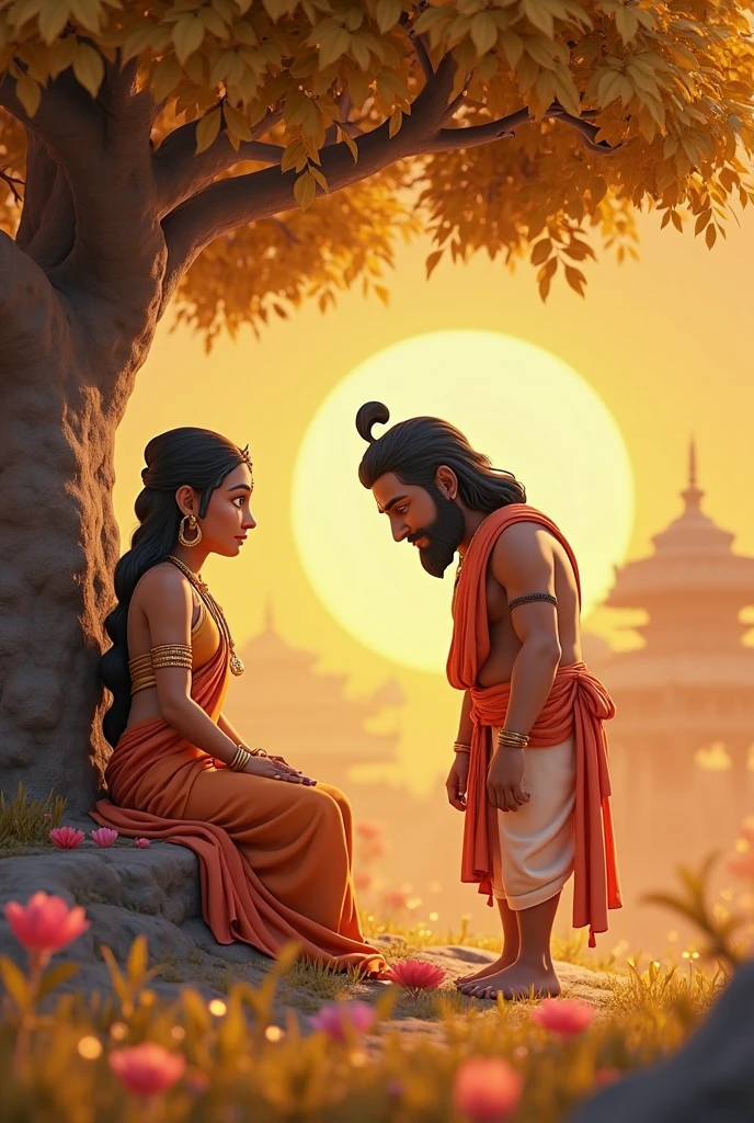 In cinematic cartoon 3d style
Lord Hanumanji and god sita is sitting under a tree in the Ashok Vatika, surrounded by beautiful flowers but looking distressed. Lord Hanumanji gives her ring to sita
