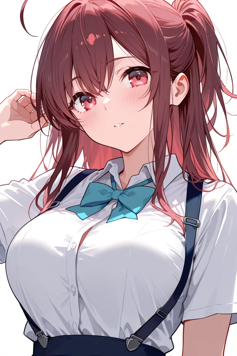 masterpiece, best quality, highres, hmjy1, long hair, blunt bangs, red eyes, school uniform, red jacket, blazer, pantyhose, white shirt, black ribbon, pleated skirt, cowboy shot, classroom, lying, from above, (name tag:1.1), paw pose, open mouth, tongue out,