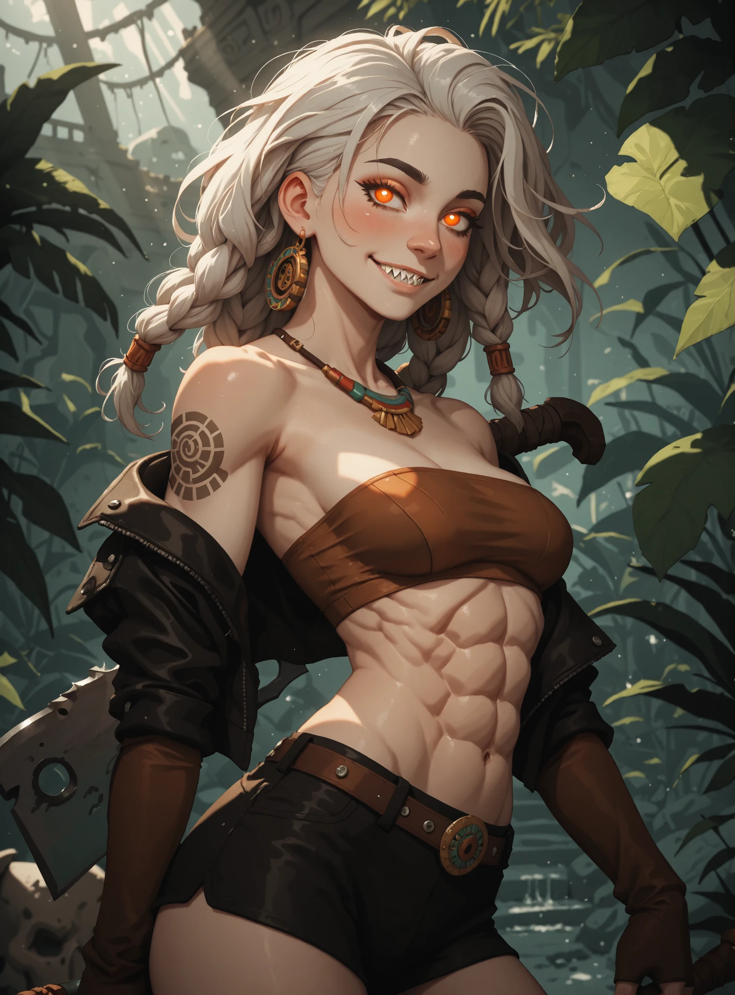 Meisterwerk, hd , great quality, very aesthetic, absurd, high contrast , high color palette , light glare ,neueste,2.5D,volumetric lighting, Sweet, jung, 1 girl, asiatisch, round face, slanted eyes, big eyes, asian girl, rote Augen, Asian eyes, normal breasts, soft abs, rote Augen, Albino, white strands, ATHLETIC BODY, aztekisch, leather clothing, attentive, shy smile, massive butcher's blade on her back, looks at the viewer, Dreadlocks, very shy, sharp teeth, Hintergrund: jungle and Aztec ruins, looks at the viewer, looks like a young Jennifer Lawrence