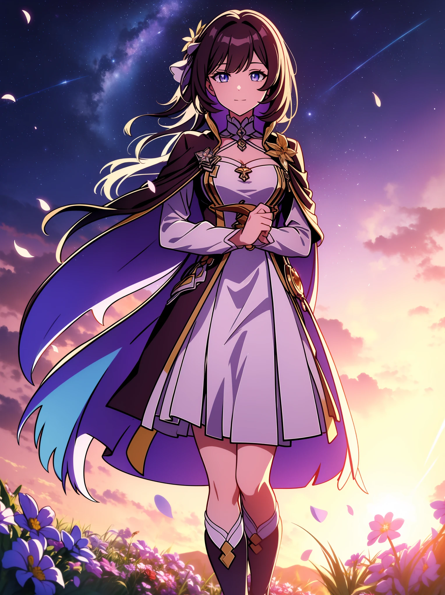 (high-quality, breathtaking),(expressive eyes, perfect face) portrait, 1girl, female, solo, young , black hair, pink eye color, medium hair length, soft wavy hair, gentle smile, loose hair, side bangs, looking at viewer, portrait, medium full shot, happy expression, ribbon in hair, flower in hair, fantasy clothing, elegant, mature, height 4"3, adventurer attire, warlock attire, warlock profession, short height, Dungeons & Dragons character, jacket, dress, cape, winged cape, Firefly Honkai Star Rail Character, starry sky, dawn in the distance, shooting stars, backgroound, flower field, scenary, cloudy sky, grass, trees, flower petals, leafs, blue flower, purple flower, white flower, field, standing in field of flowers