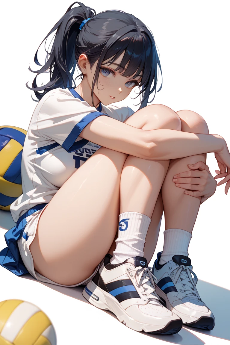 UHD, anatomically correct, 8k, (((masterpiece))), (((best quality))), (((ultra detailed))), (((high-resolution))), ((super fine illustration)), ((Ultimate cutie)), detailed beautiful face, 1girl ball black_footwear black_hair black_socks (blush) braid brown_background brown_eyes ((buruma)) closed_mouth collarbone crotch elbow_pads gradient_background ((kneepad)) long_hair looking_at_viewer sitting_on_ball simple_background sleeveless_shirt smile socks solo sportswear spread_legs squatting thighs twin_braids volleyball_(object) volleyball_uniform wooden_floor