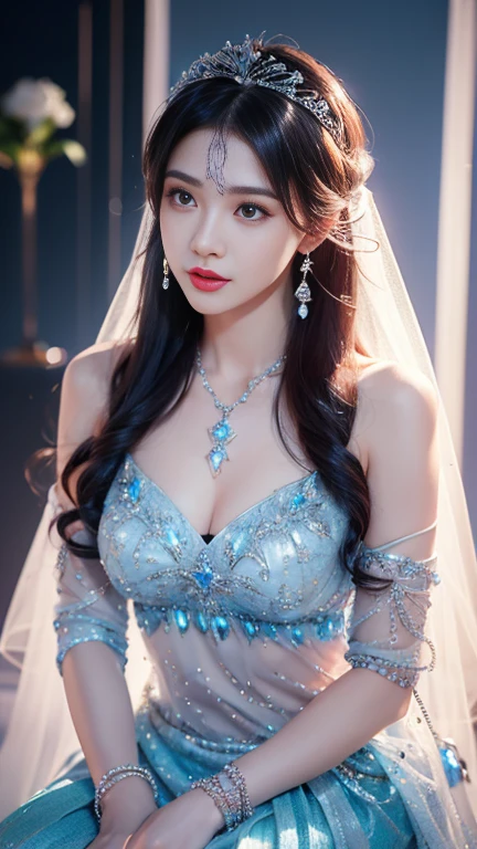 4K, UHD, masterpeice, 1 girl, good face, happy face, ((white skin)), detailed eyes, detailed lipstick, very long hair, straight hair, very long hair, beautiful hair, hair ornaments, hairband, gradient hair, ((blue mesh)), ((princess clothing)), ((decorated clothing)), ((sardine)), ((sparkle clothing)), ((blue lace)), ((diamond bracelet)), ((pendant)), ((ornaments:1.5)), waist, necklace, earring, high lighting, ((in the wedding stage)), fujicolor, depth of field, ray tracing, ultra realistic detailes, sitting,