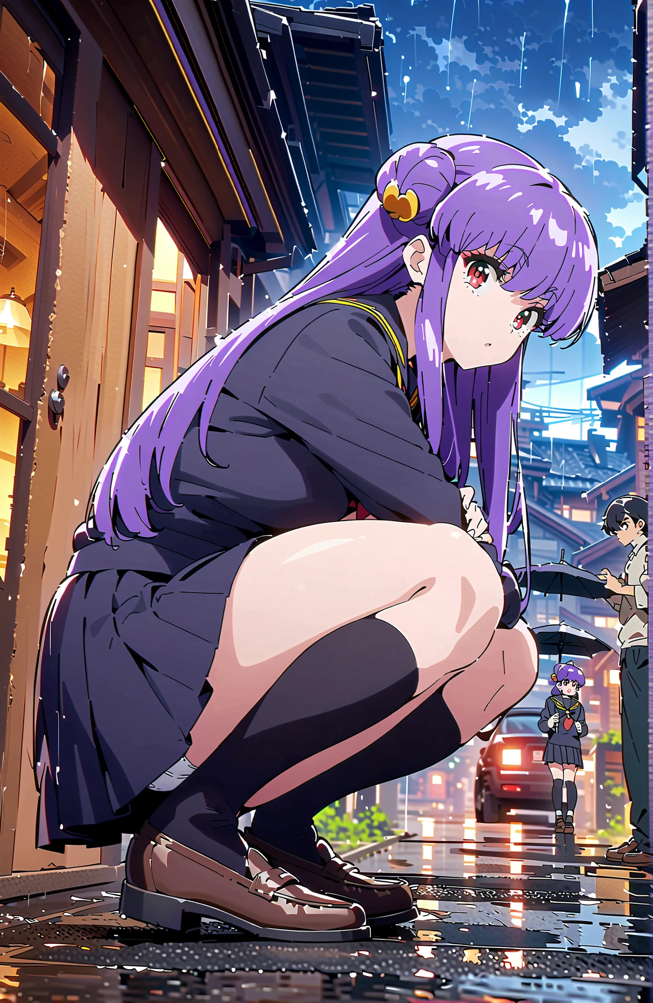 score_9, score_8_up, score_7_up, source_anime, shampoo, shampoo (Ranma 1/2), long hair, hair ornament seen from the side, Red Eyes, purple hair, hair bun, double bang, Medium breast, Black Sailor Suit, black mini pleated skirt ,Black thigh high socks,loafers,white panties,squatting,umbrella,angle from below,rain,cloudy,full bodyがillustrationsに入るように,in their 40s outdoors, residential area,
in their 40s looking at viewer,full body,
in their 40s (masterpiece:1.2), best quality, high resolution, Unity 8k 壁紙, (illustrations:0.8), (beautiful detailed eyes:1.6), highly detailed face, perfect lighting on the table, extremely detailed CG, (perfect hand, perfect anatomy),