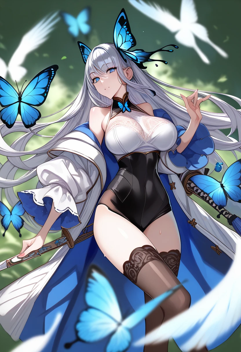 full bodyesbian,1girl,whaite hair,horse tailed,Light blue pupils,(ninjartist),short sword,Bigchest,围巾,Wallpapers,Magic array background,light particules,Green fire,White hair,long whitr hair,Light blue eyes,Blue butterfly tiara,Blue lotus necklace,White trench coat,巨作,Metering,huge tit,High split end,White translucent lace briefs