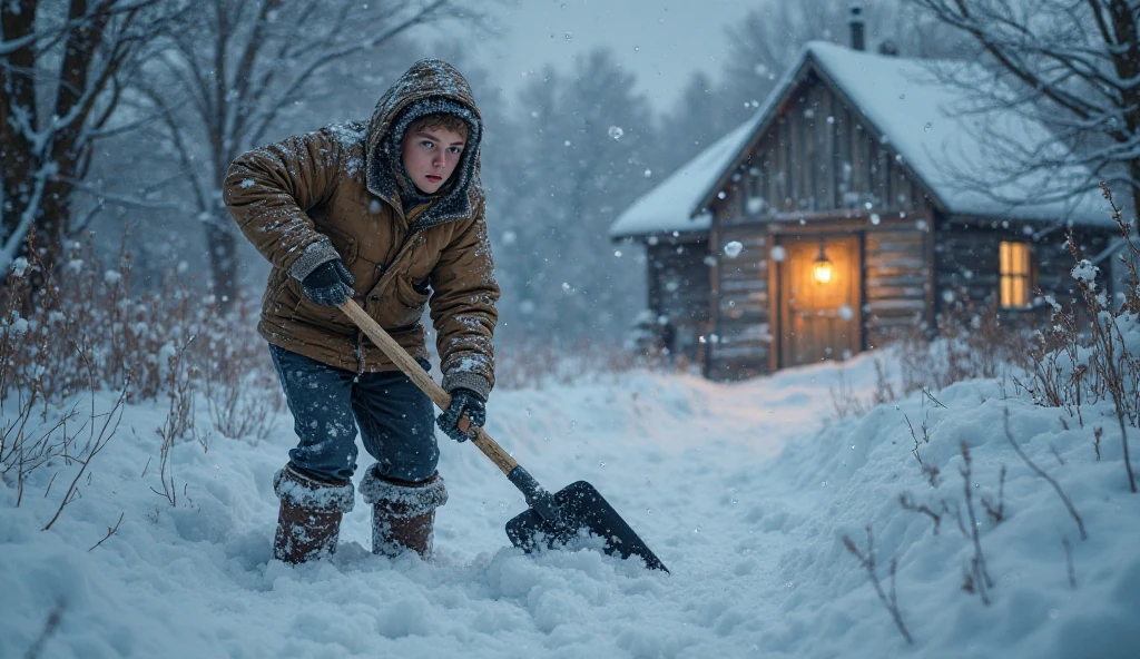 Create the image of baby Michael Myers, with black hair sitting in the snow. Place a large knife in your right hand and suck on a large ice cube.