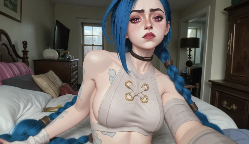 Jinx,Jinx blue hair,(Cinematic tones)(The film uses cool colors of blue and gray)(Wet clothes:1.9),(Get wet all over your body:1.9),Top image quality, tmasterpiece, Ultra-high resolution, (Fidelity:1.4), stunningly beautiful woman, (Deeply condolences), , dim murky lights, shadowy, Desperate, Pity, Pathetic, Cinematic, Tears, tear drop, , Real rain, wetting hair,. Surprising crying, Clear white skin, There are scratches everywhere, Dirty face, White skin, Smooth skin, Surprisingly realistic pictures, 8K high quality medium dark illumination, High detail, Detail Eye, Detal Face, nsfw, naked,full body