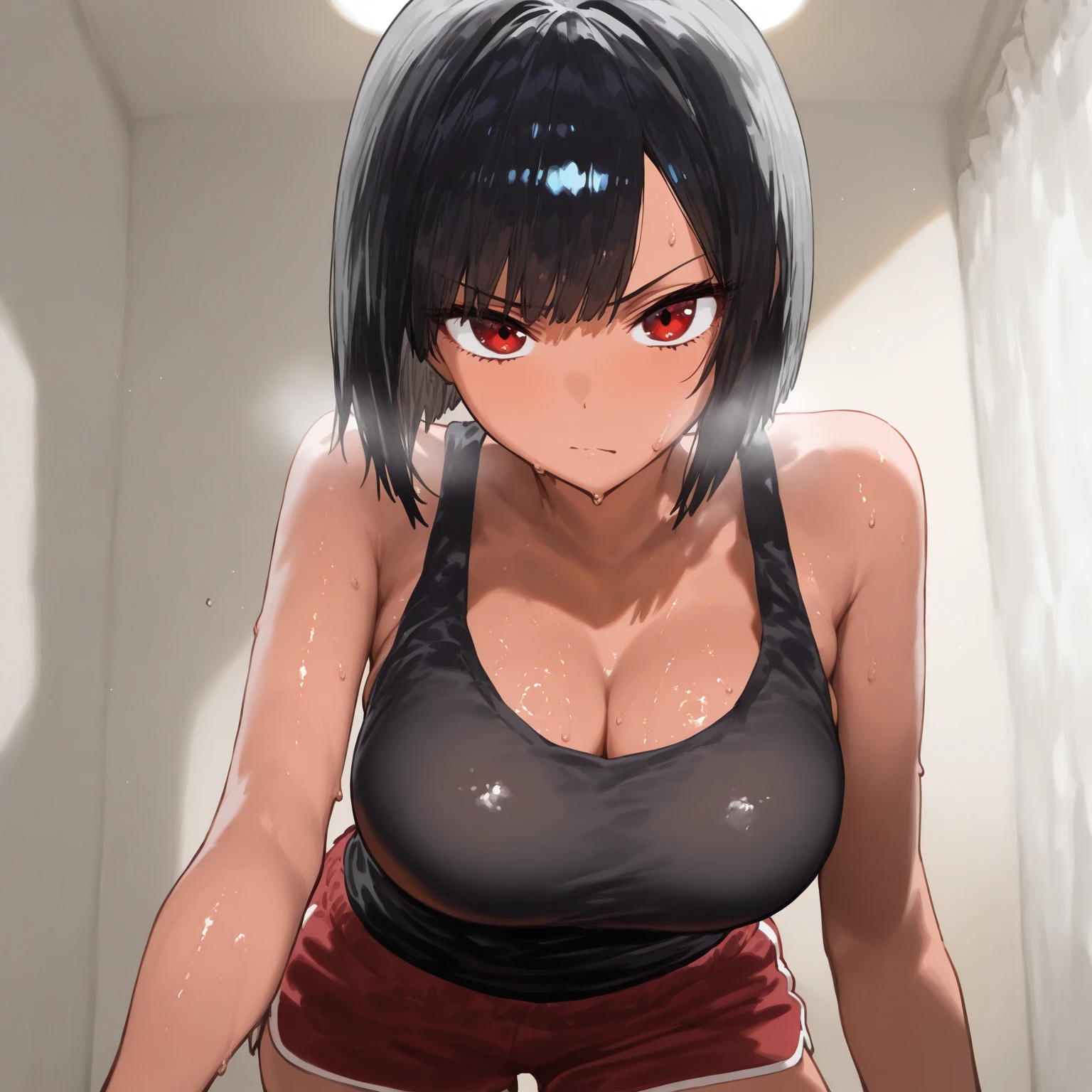 8K,master piece,Suguha Kirigaya,black short hair,trembling,(crying),tongue out,(frowning eyebrows),((angry face)),red micro bikini,choker,breasts,leanbody,slim waist,