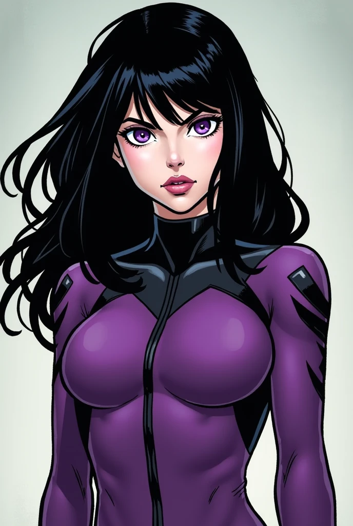 (Black Female model),looking into camera, short black hair, gorgeous eyes, high arched eyebrows,big full breasts, seductive look, (purple leather jacket exposed cleavage:1.3), black leather pants, stilettos, midnight modern metropolis, spot lighting, backlight on hair,Patrick Nagel artstyle
