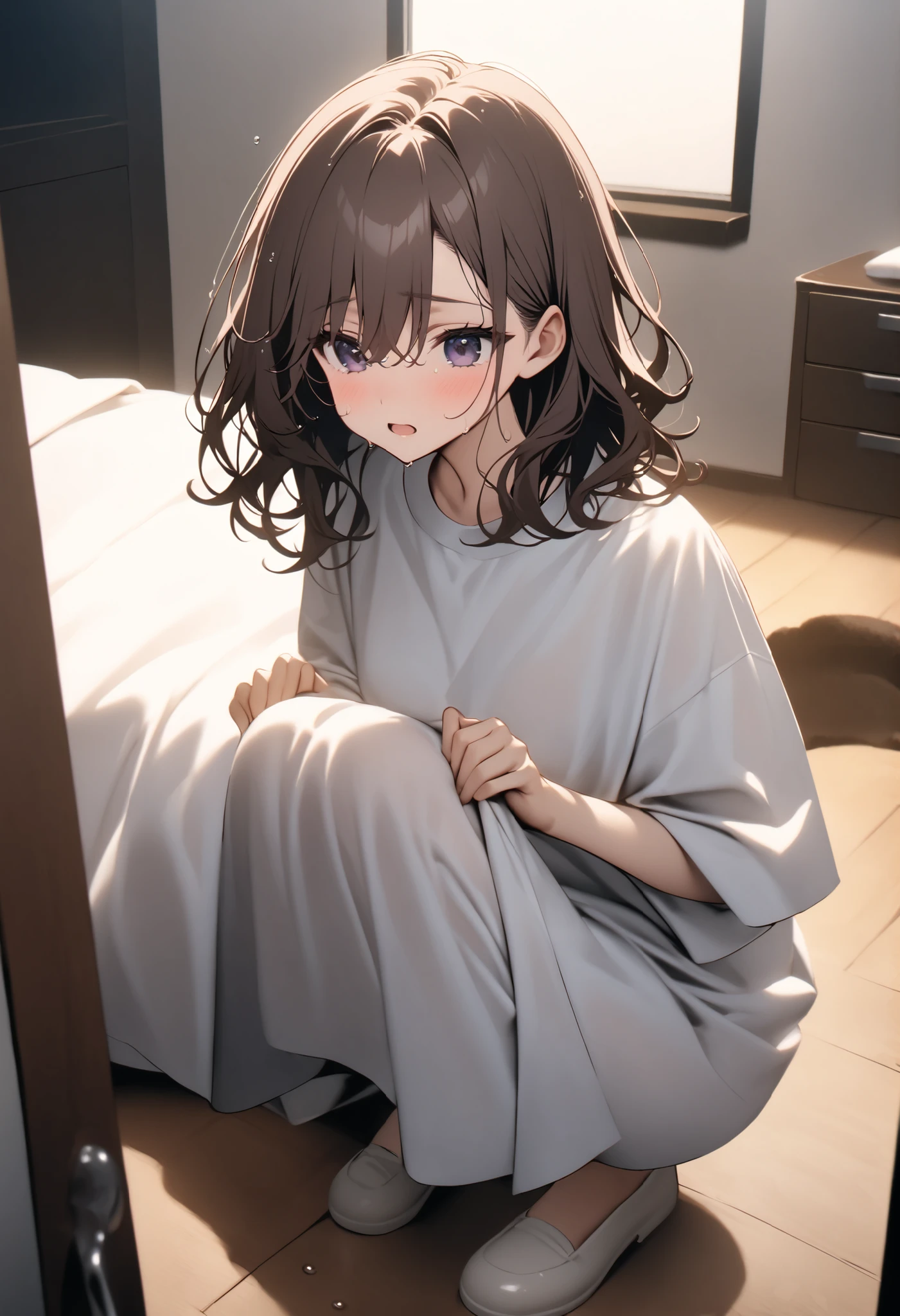 medium hair、Gently wavy hair、 sink、oversized shirt(color: navy、 stripe pattern )、 Hair、squatting、Private room、wet hair、A plush bear is placed on the desk、pink and white plaid bedspread