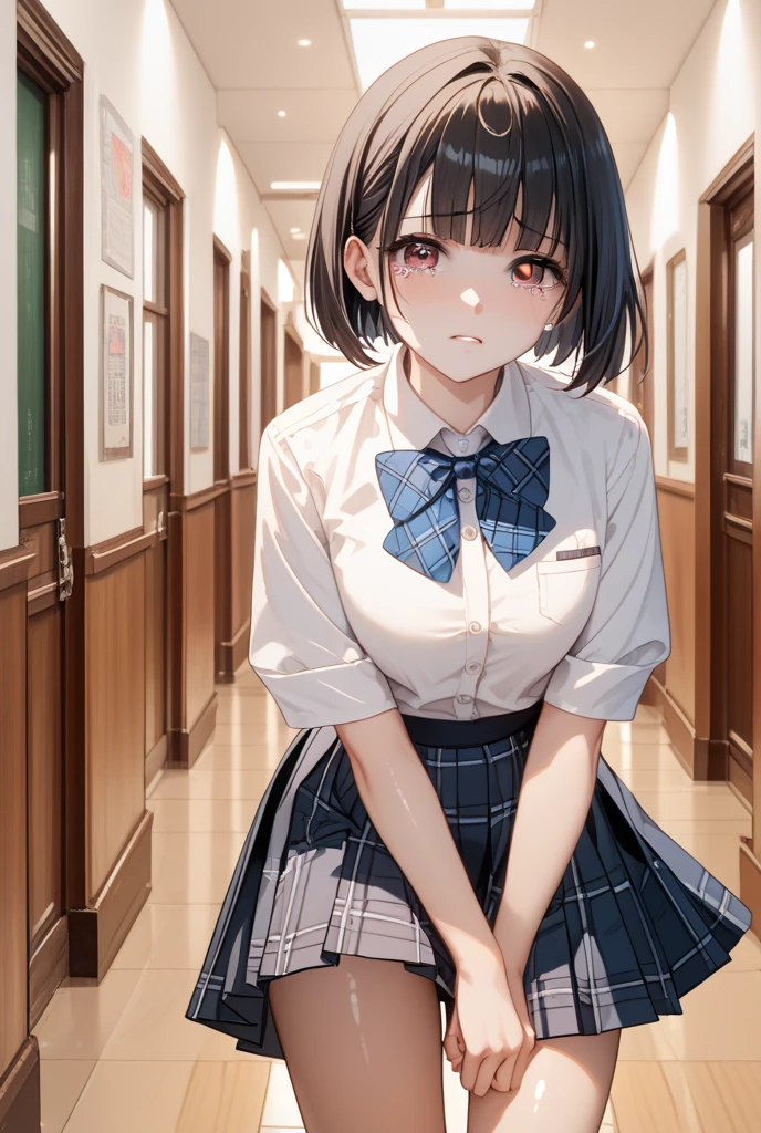 real photos, 8K, young woman, Tomboy, high school uniform, In the classroom, Unfortunate, blush all over the face, blush your nose, grit your teeth, tears, anger, Very short cut hair, spike hair, (cover the skirt with one's hands:1.3), (place both hands on the skirt:1.3), throw