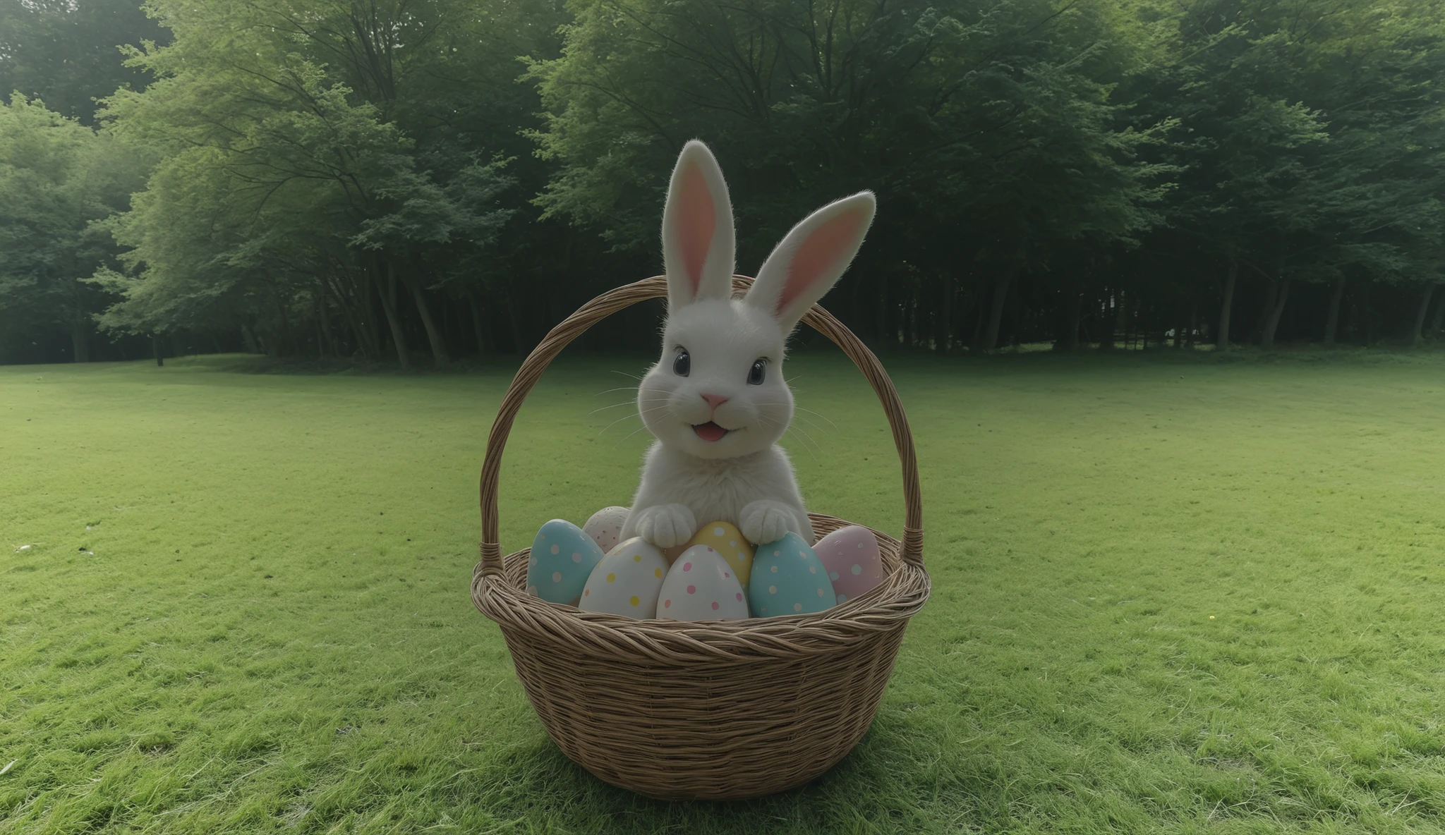 A Grinch runs a cute, friendly, Big Easter Bunny smiled afterwards. The Easter bunny with eggs in his basket runs across the meadow. The Easter Bunny is afraid of the Grinch. A Grinch comes from behind and steals the eggs from the Easter Bunny's basket. Both are in a dynamic movement, The Easter Bunny is very cute and lovely.  Fotorealismus,  ultra wide angle, utopisch. 32k UHD