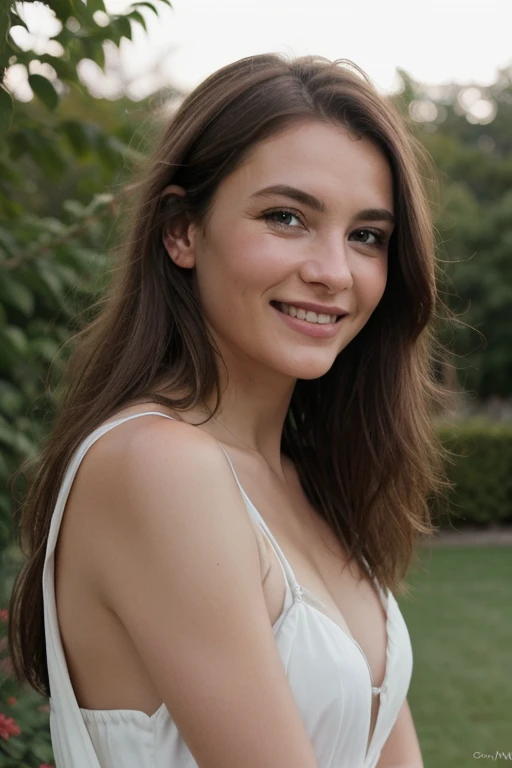 a woman, 25 year old, delicate, cheveux de longueur moyenne, cheveux bruns, skin details, sourire romantique, seductive look, pores de la peau, éclairé par les flashs des photographes, posing, photoshoot, inside a huge bushes of red roses, pink lingery