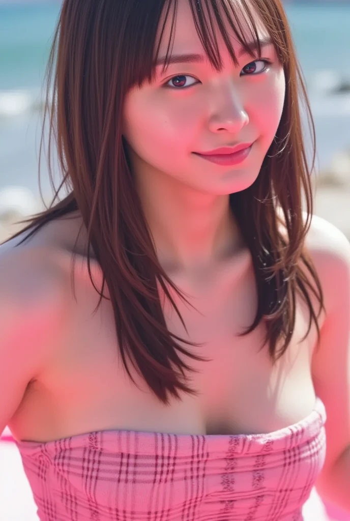 4K、High resolution、⦅Medium Chest 1.6⦆、looking at camera、⦅smile 1.6⦆⦅bright pink hair⦆、18-year-old、(long hair)、1 girl、、korean woman、beautiful girl、well-groomed face、cute、white dress、hawaii beach、sunset