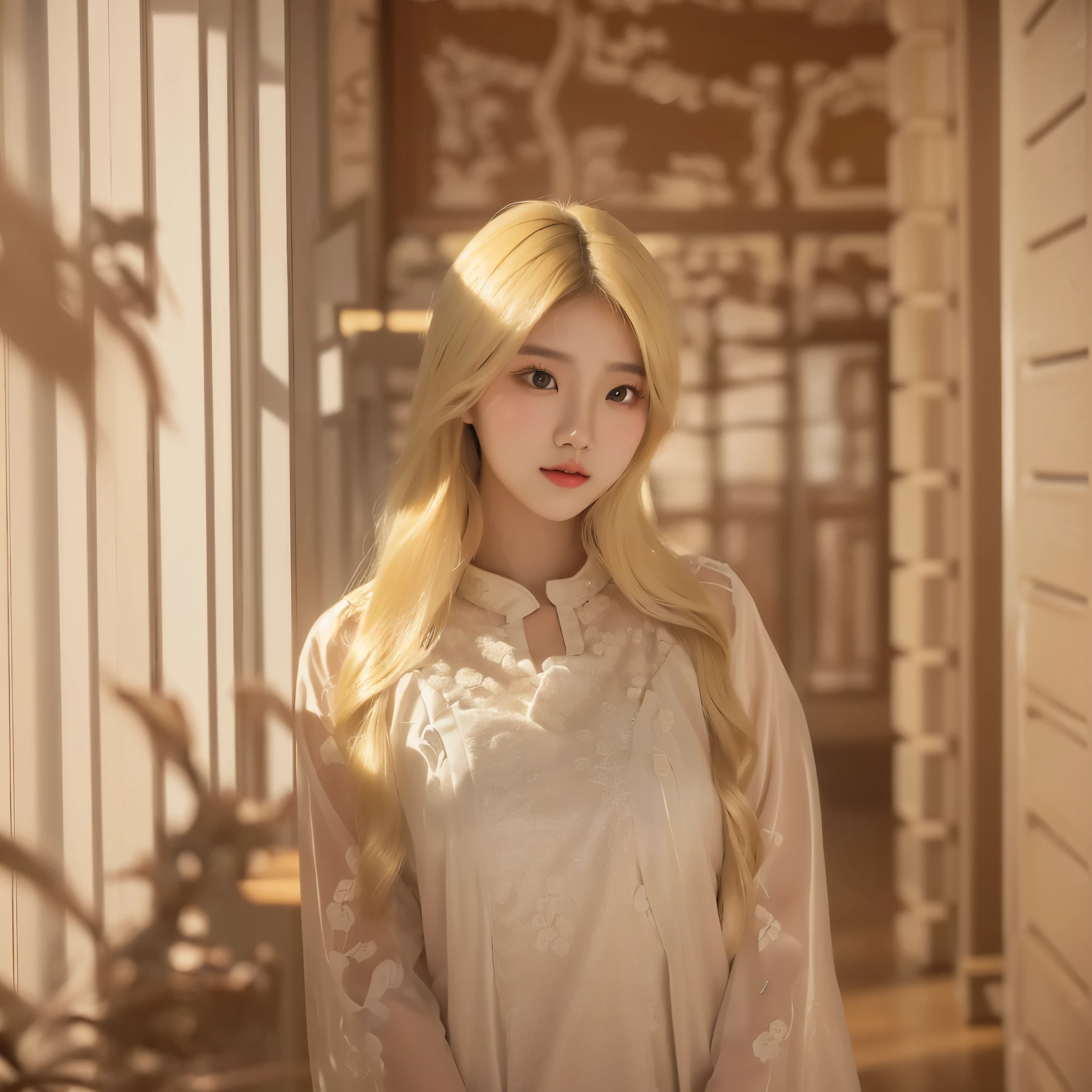 Blonde beauty announcer in hanbok