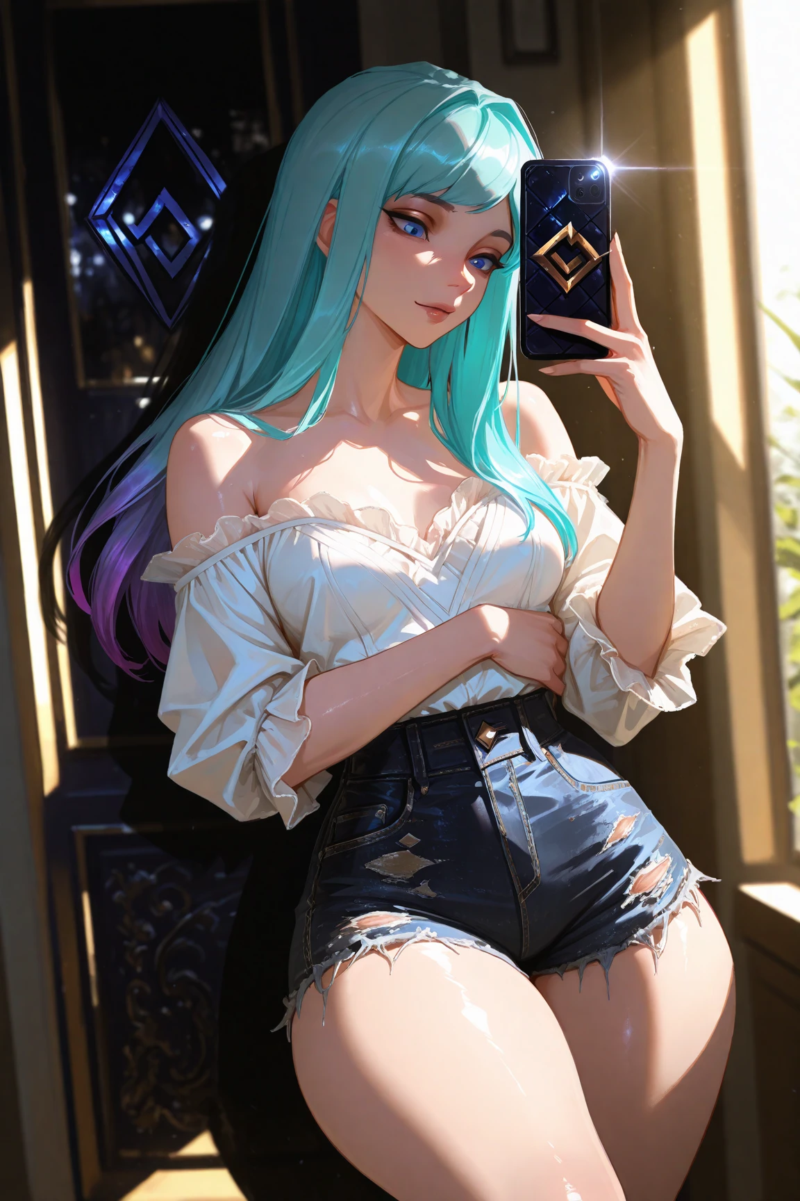 (masterpiece, highly detailed, cinematic lighting, hyper-detailed face, intricate textures, stunning composition, perfect , soft shadows, depth of field, professional digital art, cinematic ambiance, sharp focus, clean and polished rendering), (attractive body, , thick thighs, wide , big booty, smooth and radiant skin, soft yet firm body contours, sensual and confident presence),  (SeraphineKDAAOXL, K/DA (league of legends), blue eyes, aqua hair, long hair, bangs,) She's wearing a crisp white blouse tucked into high-waisted, frayed denim shorts that hug her curves. Her hair cascades down her back as she stands with one leg slightly bent, holding her phone up to snap a cheeky over-the-shoulder selfie in golden sunlight.