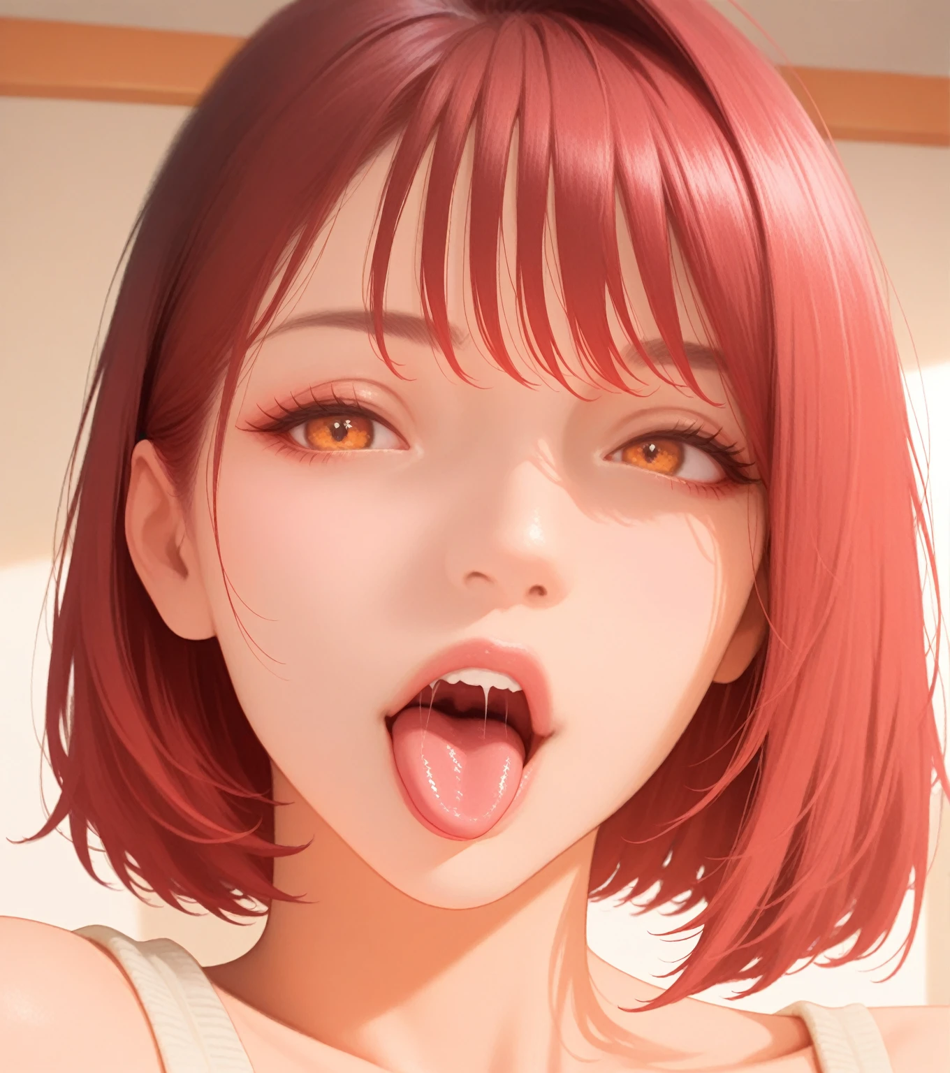 open mouth,8k,looking at viewer,bob cut,nsfw,pink lip gross,bad breath,city lights,red hair,breath make me smell,tongue
