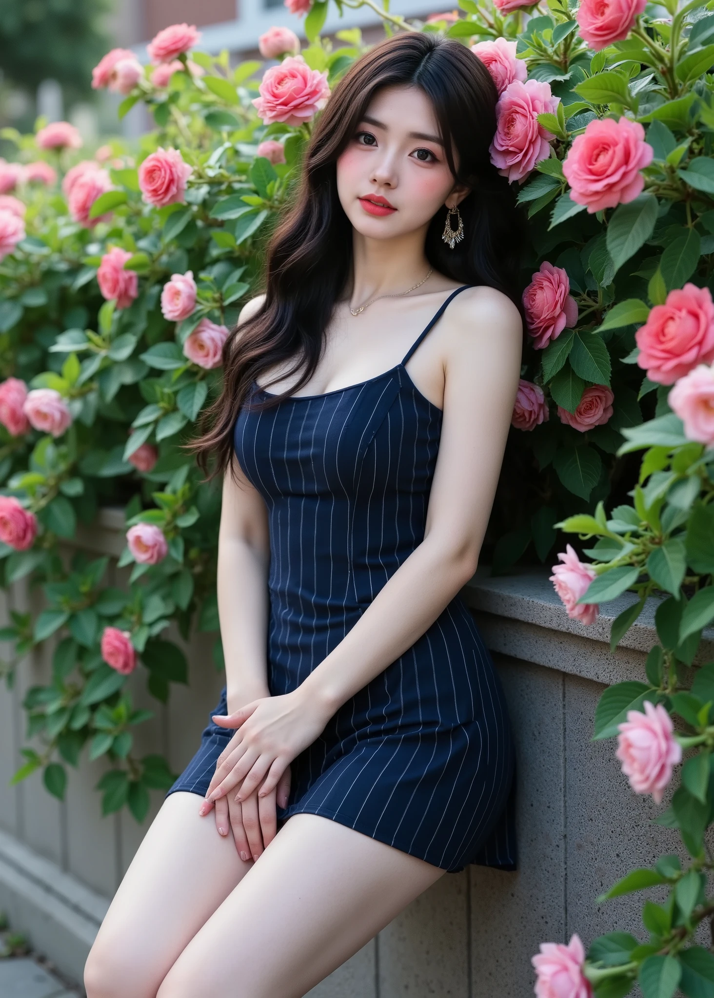 (ultra realistic) , (illustration), (increase resolution), (8K), (extremely detailed), (best illustration), (beautiful detailed eyes), (best quality), (ultra-detailed), (masterpiece), (wallpaper), (detailed face), solo,1 girl, looking at viewers, black straight hair, delicate details, in the dark, deep shadow, low key, pureerosfaceace_v1, happy smile, summer dress, full body, flower garden