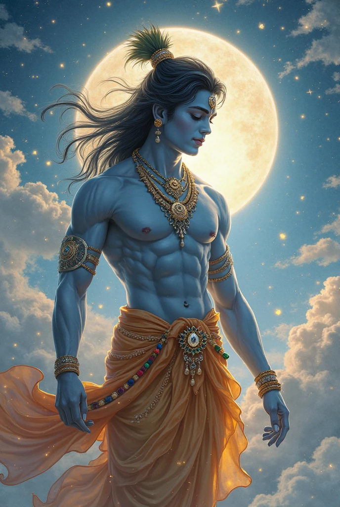 krishna with a flute .peacock feather in the hair.then background is should be night sky with moon