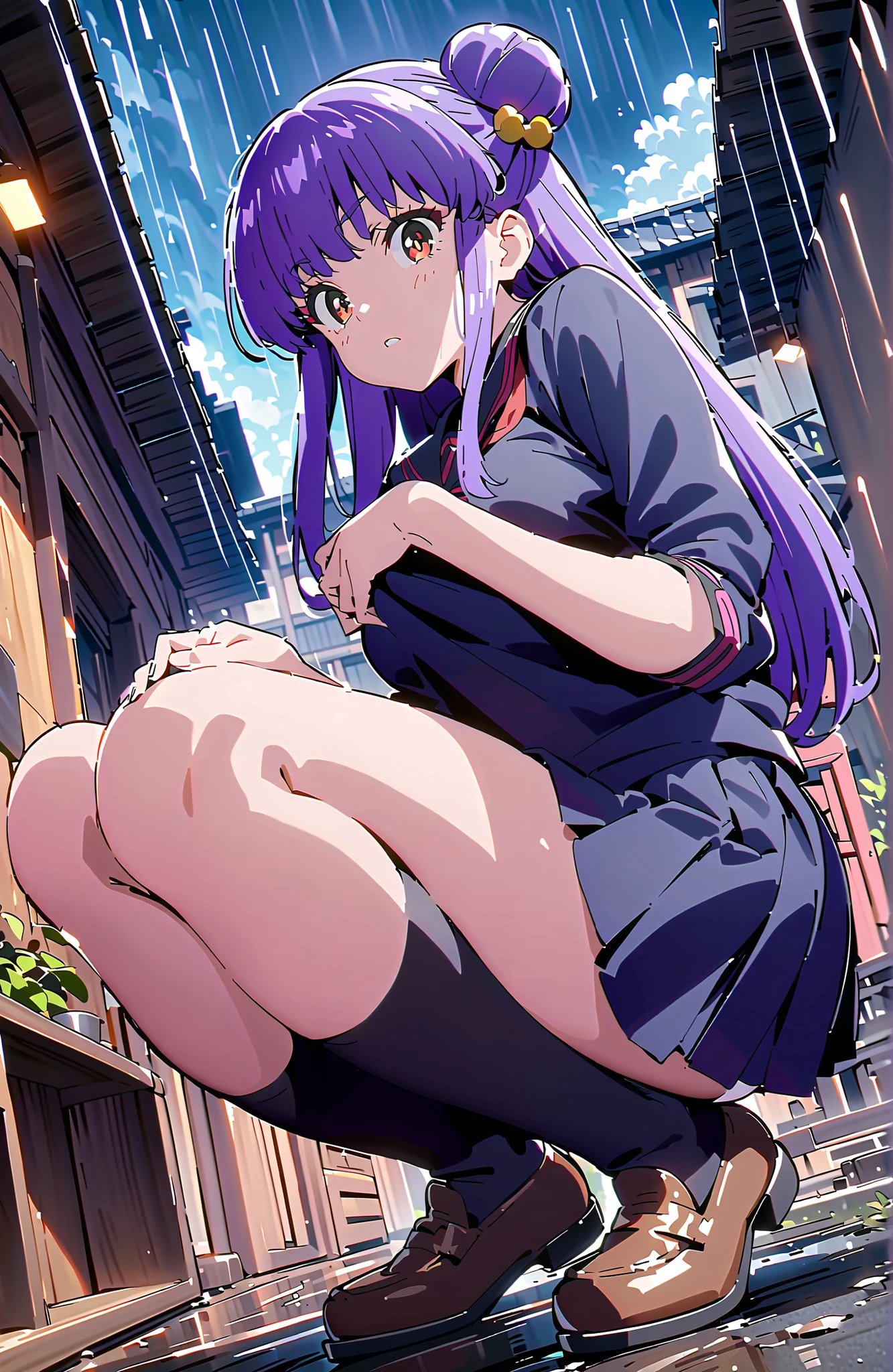score_9, score_8_up, score_7_up, source_anime, shampoo, shampoo (Ranma 1/2), long hair, hair ornament seen from the side, Red Eyes, purple hair, hair bun, double bang, Medium breast, Black Sailor Suit, black mini pleated skirt ,Black thigh high socks,loafers,white panties,squatting,umbrella,angle from below,rain,cloudy,full bodyがillustrationsに入るように,in their 40s outdoors, residential area,
in their 40s looking at viewer,full body,
in their 40s (masterpiece:1.2), best quality, high resolution, Unity 8k 壁紙, (illustrations:0.8), (beautiful detailed eyes:1.6), highly detailed face, perfect lighting on the table, extremely detailed CG, (perfect hand, perfect anatomy),