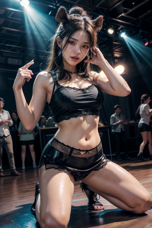 (highest quality、Super detailed)、(Real:1.37)、HDR、UHD、Studio Lighting、
Bright colors、Highly detailed eyes and face、Beautifully detailed eyes、Beautifully detailed lips、
Long eyelashes、Two young and incredibly beautiful women、(Light purple latex bra top、Wearing light purple tight latex panties that show off her body silhouette beautifully)、Wear a lilac newsboy cap、White gloves、Wide-open legs、Squat、belly button、natural breasts、Bras and panties with lots of bills on the nightclub stage