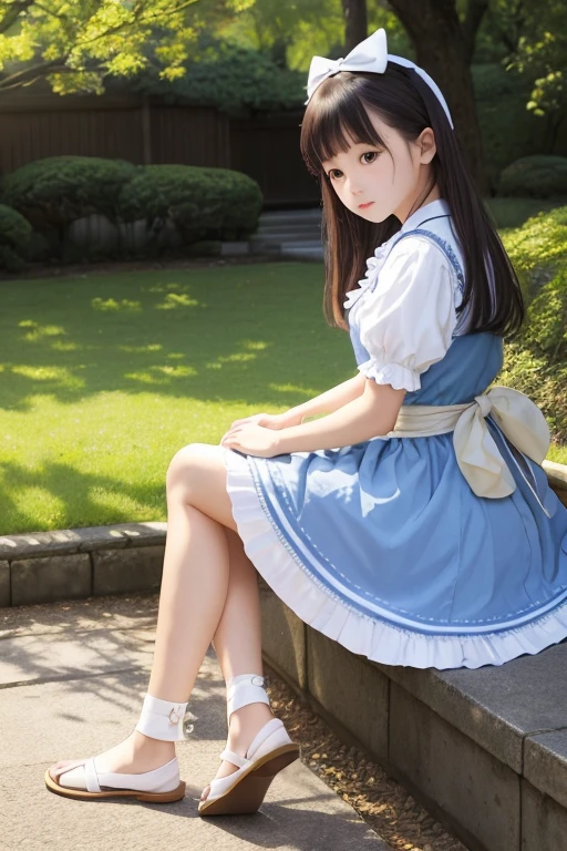 Goth Lolita girl, four arms, three legs, curvy, age 21, pale skin, dark eyes, sitting in an outdoor garden, dark blue elegant Lolita dress, dark red hair in white ribbons, knee high socks, black heels, legs crossed, very realistic,