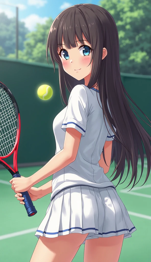 masterpiece, high-quality, a young woman, playing tennis, wearing tennis wear, perfect face, perfect hands