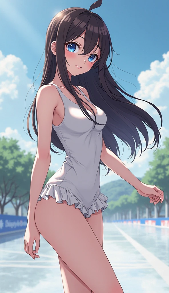 Draw (Hinata Hyuga) in her (byakugan form) , with (white eyes) and (purple veins) around them. She wears her (transparent bikini) , with a (shy red expression) on her face. The background is a (hazy field) , with (grass) and (flowers) around her. Create the image with a (soft lighting) and a (bloom effect) of (1.5) , using concepts from (Masashi Kishimoto) to make a (masterpiece) .with reading leg pose