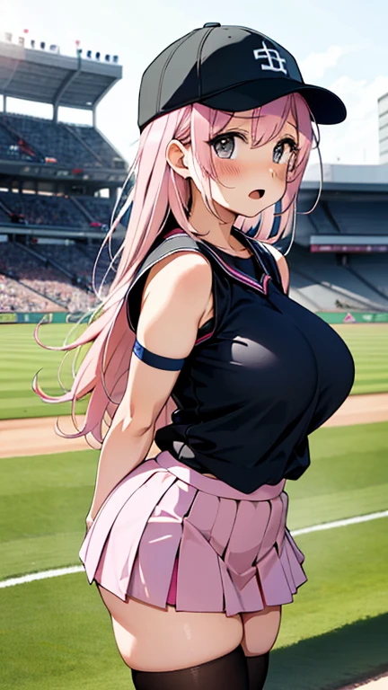 mastute piece,Best Quality,insanely detailed,8k cg,nsfw,
(shoot upper body:1.3),
(1girls:1.3),standing,looking at viewr,body in front,((both arms behind back:1.4)),(baseball shirt:1.4),(bare breasts:1.4),break,
blush,shy,(ecstasy face),(trembling:1.2),break,(light pink hair:1.4),
break,
perfect breasts,perfect teats,(open mouth:0.9),(large breasts:1.2),
(stadium:1.1),