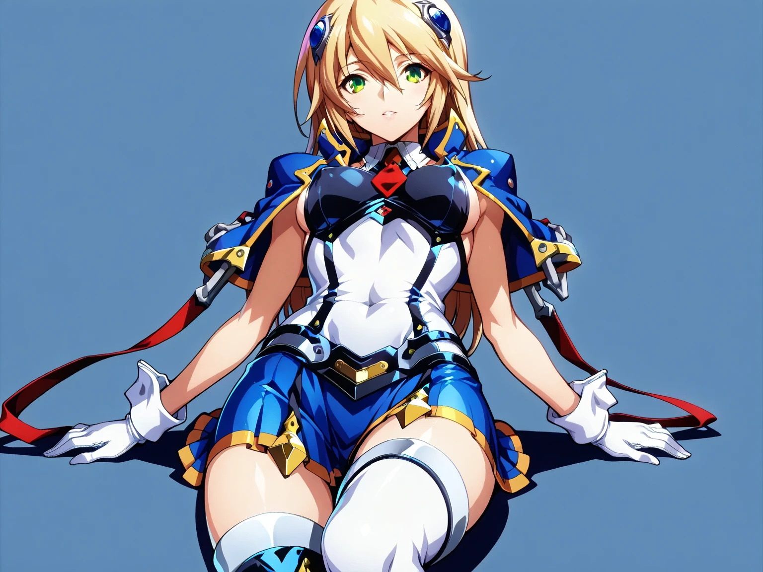 masterpiece, best quality, highres, absurdres, novel illustration, promotional art, solo, mu-12, blue eyes, blonde hair, long hair, forehead protector, robot ears, medium breasts, underboob, navel, groin, crotch plate, red necktie, shoulder pads, elbow gloves, (mechanical wings:1.2), blue sky, cloud, <lora:mu-12-000012:0.7>