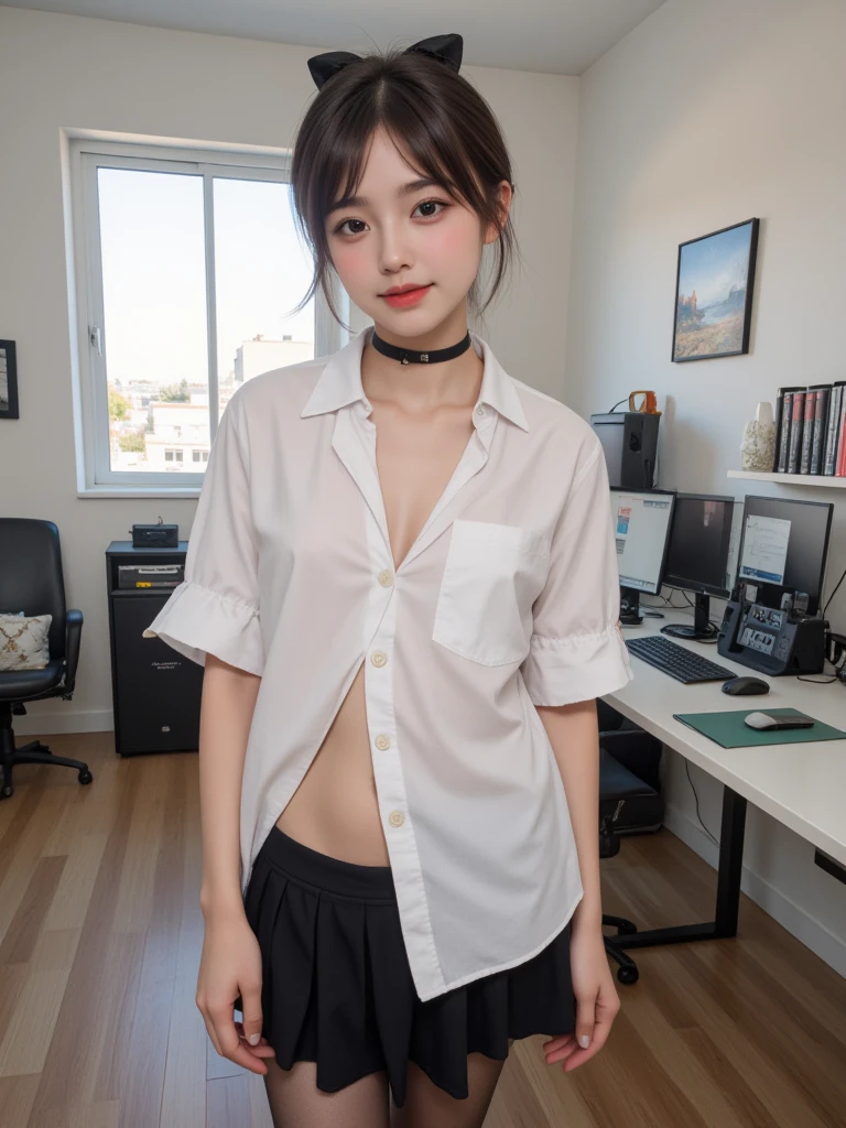 ((of the highest quality, 8K, masutepiece: 1.3, Raw photo)), Sharp Focus: 1.2, (1 AESPA Girl :1.1), Solo, (Realistic, Photorealistic: 1.37), (Face Focus: 1.1), Cute face, hyperdetailed face, (short messy hair: 1.2), Small Smile, Small breasts, flat chest, nude, (chiffon office uniform skirt),Roll up the skirt, (((See all panties))), (((The skirt is definitely worn))), (((Lift skirt hem)), Thigh, bar, flower, Cattleya