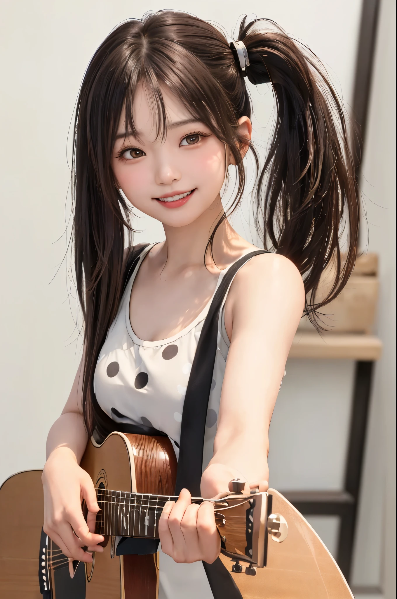 (    best quality   、8k、32K、masterpiece)、( realistic )、( Frame In、    photorealistic  :1.2)、(No light, no shadow    )、svery detailed 、      very cute face and eyes    、Frame In、     1 girl、 round face、     thin waist、delicate body、(close、    best quality   、     High Detail、       Learn more about rich skin )、(    best quality   、8k、Oil paints:1.very detailed 、( realistic 、 realistic :1.37)、  bright color、((( brown hair  )))、(((薄 brown hair )))、((( side ponytail hair )))、((( cowboy shot)))、(((   medium hair  )))、(((      white wall background     )))、((( 薄 brown hair  )))、(((tank top)))、(((  semi-long hair   )))、(((she's smiling )))、(((I'm wearing a polka dot tank top  )))、(((It's singing  )))、((I'm Playing the Guitar ))、(((白いI'm Playing the Guitar)))、(((Frame In)))、((female))、(((  teeth inside)))、(((smile)))、((( cute expression )))、(((Frame In)))、(((Solo Shot)))、(((It's Korean style makeup  )))