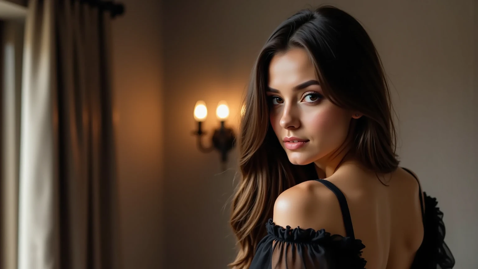 photograph of a woman, (serious facial expression), brunette skin, long curly dark brown hair, vestimentas: Black Suit, and mysterious with unique rock formations and hidden wonders, perfects eyes, (candle light,Bright dark), Support 160 colors, Shot on ARRI ALEXA 65, bokeh, sharp focus on the subject, filmed by Don McCullin