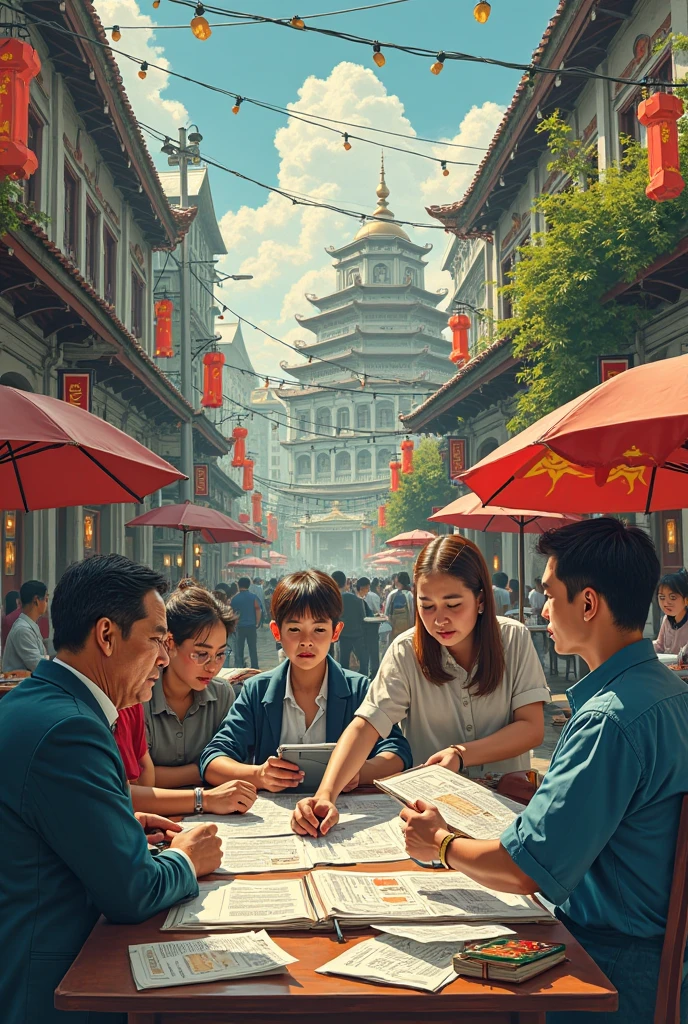 A picture depicts Chinese sitting on the sidewalk reading a book with makeshift bookstores and newsstands along the road, with 50 people, adults and children. The picture has a strong Chinese style, and the background elements show the atmosphere of the 1980s, and the details are rich. --auto --s2