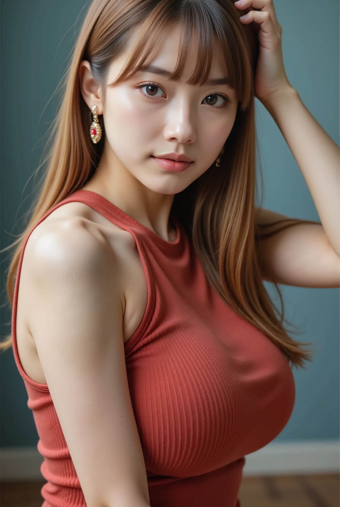 extreme close-up of beautiful beautiful korean female, 34 inch breasts size, wearing orange pattern v-neck t-shirt, holding parrott, bokeh background, cinematic scene, UHD