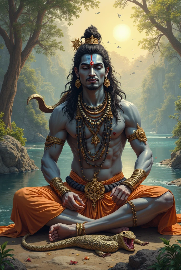 Lord Shiva, meditating under divine tree, wind blowing, sunlight from top angle, little leaf falling from tree, masterpiece, 8k resolution, dynamic lighting, hyper detailed, intricately detailed, trending on Artstation, deep color, Unreal Engine,volumetric lighting, Alphonse Mucha, Jordan Grimmer.