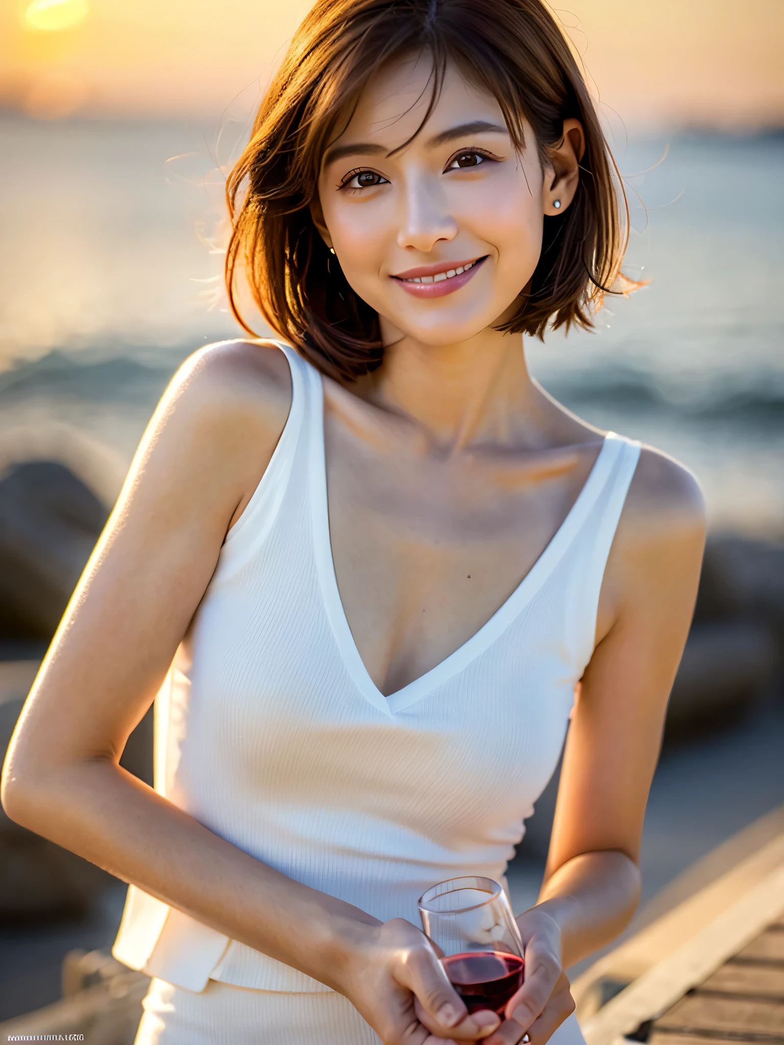 (RAW photo highest quality) (Realistic photo-like: 1.3) Top quality masterpiece、Very delicate and beautiful、Highly detailed CG Unity 32k wallpaper、An amazingly detailed masterpiece、Yellow sheer mesh bodysuit、Happy smile、Best quality CG Unity 32k wallpaper、Huge file sizes、Ultra-detailed high resolution、Highly detailed 1 Chinese girl、Slim body、Slim Abs、big breasts、Staring at the big camera  (short hair) (brown hair) sharp focus hyperrealism on the beach