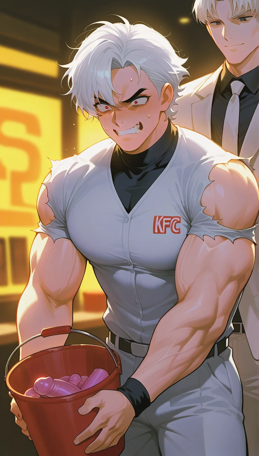 (top-quality:1.1), (masterpiece:1.1), (crewcut:1.2), (macho:1.2), (Huge body:1.3), sharp eye, tthin eyebrows, Black vest, Black Business Shirt , moody expression, Tavern at night, (japanes:1.1), 18year old, (shaking shaker:1.1)