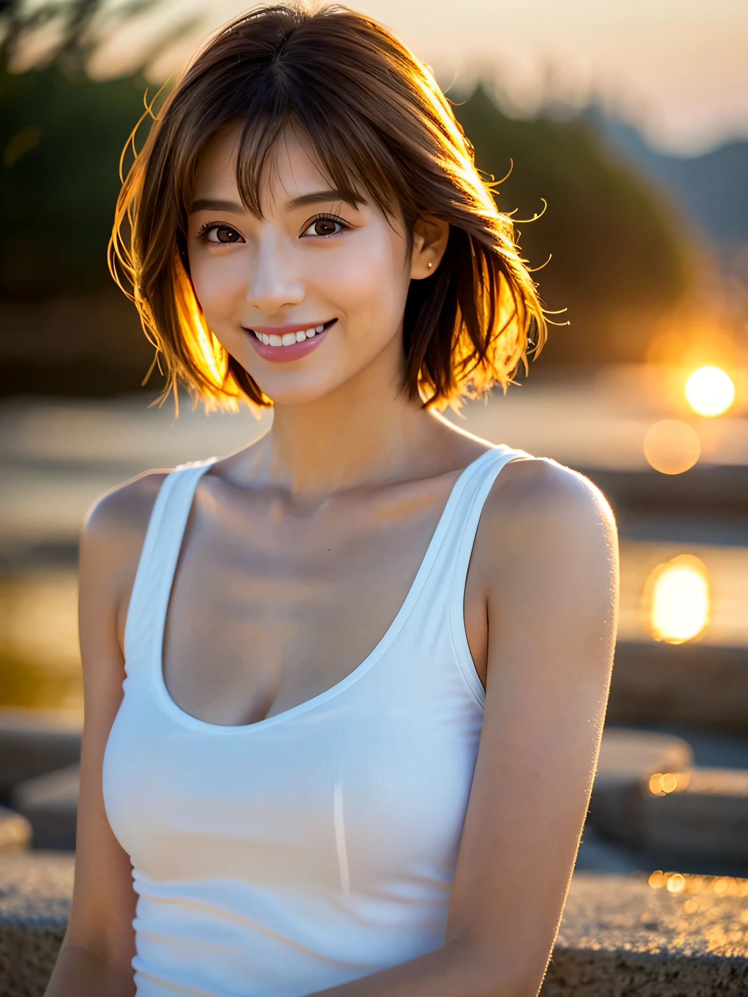 Skinny Japanese woman, 30 years old, ((Realistic lighting, Best quality, 8K, Masterpiece: 1.3)), Clear focus: 1.2, 1girl, Perfect beauty: 1.4, Slim abs: 1.1, ((Dark brown hair)), (White crop top: 1.4), (Outdoor, Night: 1.1), Park view, Super fine face, Fine eyes, Double eyelids,
