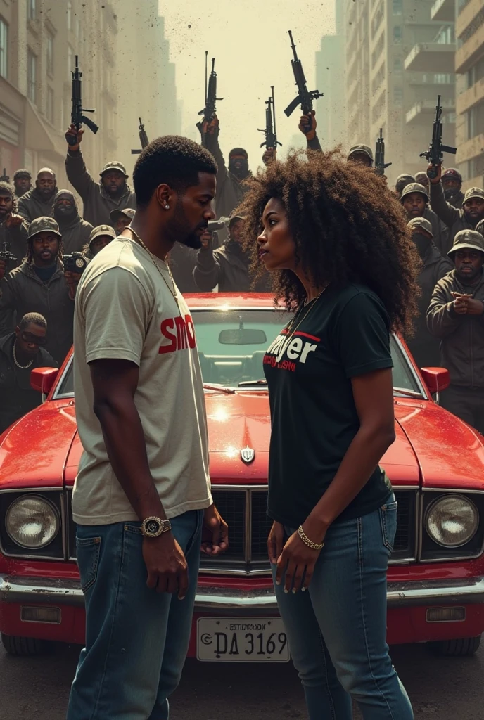 Use this photograph of a black couple sadly contemplating the landscape of a destroyed favela in Brazil as an example of photorealism. The couple consists of a man and a woman. The scene features flames of fire and smoke filling the air, with attractive black eyes, long black hair and cyberpunk tattoos. Rain is falling, adding to the gloomy atmosphere. The photo was taken using a CANON EOS R7 camera with a CANON 70-200mm f/5.8 G OSS lens, set to an aperture of f/22, shutter speed of 1/400s and ISO of 400. The focus mode was continuous, with image stabilization enabled and white balance set to automatic. The measurement mode used was multisegmental and the exposure compensation was 0 without flash. The angle used was the full-body angle, with the composition following the rule of thirds and blurred background. The depth of field was shallow and no tripod was used. The file format is RAW.