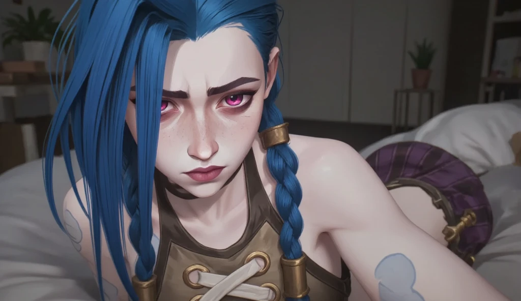 1girl , Джинкс — Arcane League of Legends  , One , water , open mouth ,  , transparent , panties , covered  ,  , turns red ,   wet , hair ornament , Spill , skirt , hair clip ,   wet clothes , blue hair , Long hair ,   ruined room, looks at the viewer ,, pantyhose , panties under pantyhose , lips , red and pink eyes  , white panties , thighband pantyhose ,   wet рубашка , transparent legwear , helpless , tight clothes , . masterpiece , best quality , is very aesthetic , absurdress , Jinkspawder extra long double braids , tattoos