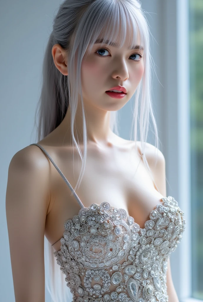 (legs closeup shot), from the front, face and body straight at the camera, sleeveless sweater micro mini tight dress, Large Breasts, Thin legs, sitting, train, (((Very elegant and beautiful, Perfect detail, Very detailed))), whole body, Most detailed, Written boundary depth, 美しく詳細なwhole body, 30 years old, Gray and silver hair, Beautiful detailed hair, Perfect Face, Expressionless, Beautiful, detailed, deep eyes, Pale skin, Very delicate and beautiful, masterpiece, (((Highest quality, Very beautiful 8K CG wallpaper))), (((Trendy hairstyles))), train,