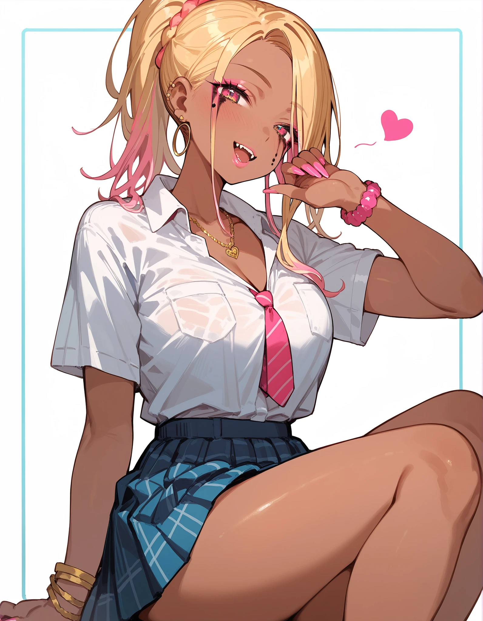girl, dark skin, blonde, voluminous hairstyle, bright gyaru makeup, gyaru style , Pink nails,  lots of decorations,  school clothes.
