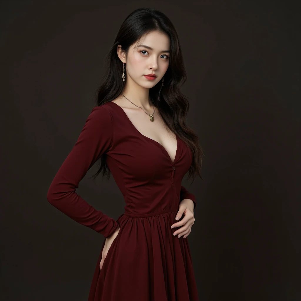 detailed background, masterpiece, best quality, 1 person , curly hair, long hair, purple eyes, star in eye , red silky Strapless blouse, long skirt