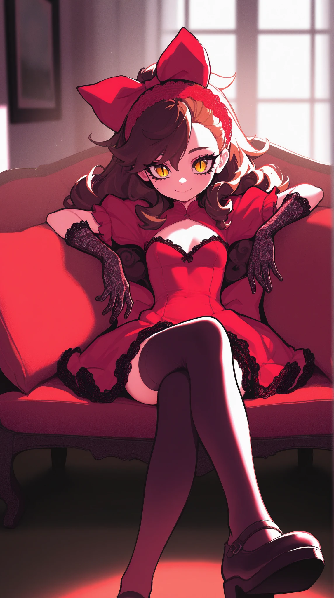 Pastel red hair, 1Girl, Reebok Clothing, 20s , thigh highs, heels, large breasts, slim waist, large thighs, masterpiece, intricate lighting, lace bra, twin tails, puffy lips, evil smile
